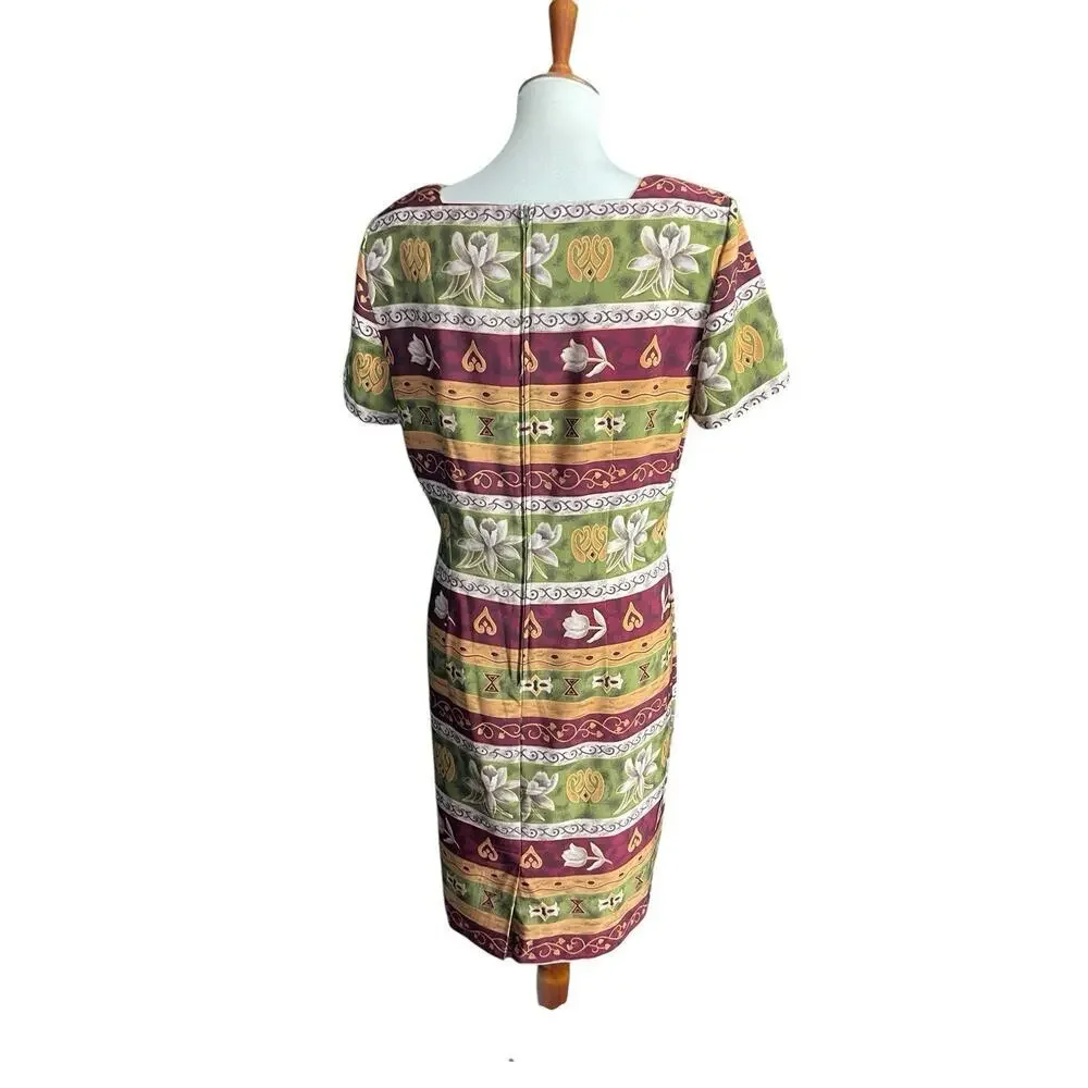 Vintage Sag Harbor Dress Women Size 12 Burgundy Green Yellow Square Neck Floral - Picture 6 of 6